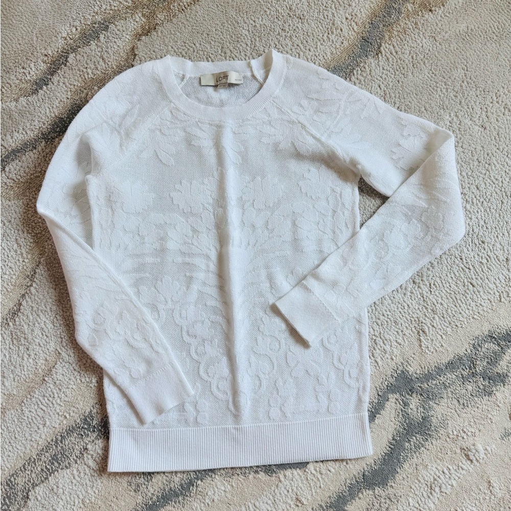 LOFT White Crew Neck Sweater Soft Knit Minimalist Design